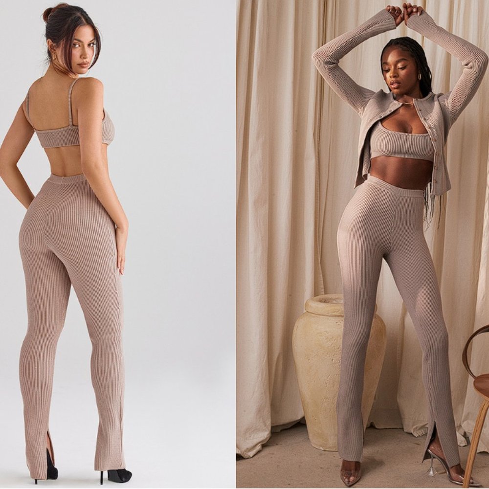 HOUSE OF CB 'Mitzi' Taupe Ribbed Knit Leggings NWOT